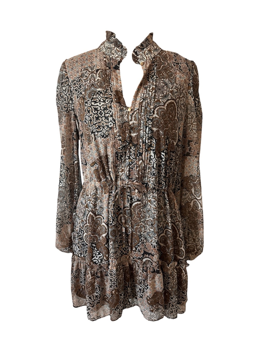 NWT House of Harlow 1960 Brown Paisley Long-Sleeve Tiered Dress